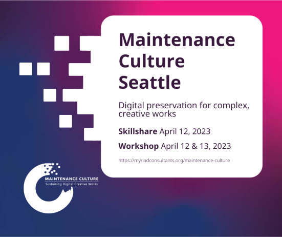 Purple, blue, pink, and white digital flier for Maintenance Culture workshop and skillshare in Seattle