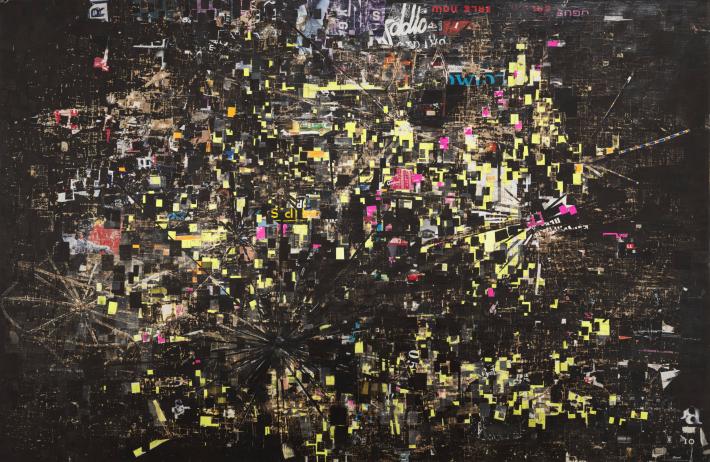 Large-scale collage suggestive of aerial maps of sprawling, urban areas 