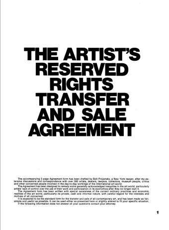 Image displaying the first page of the document 'The Artist's Reserved Rights Transfer and Sale Agreement'