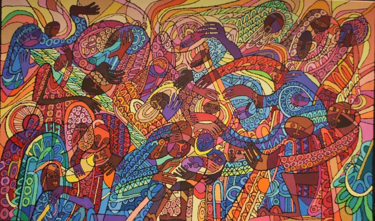 Abstract painting of Black parents and children, wearing and surrounded by brightly colored patterned designs.