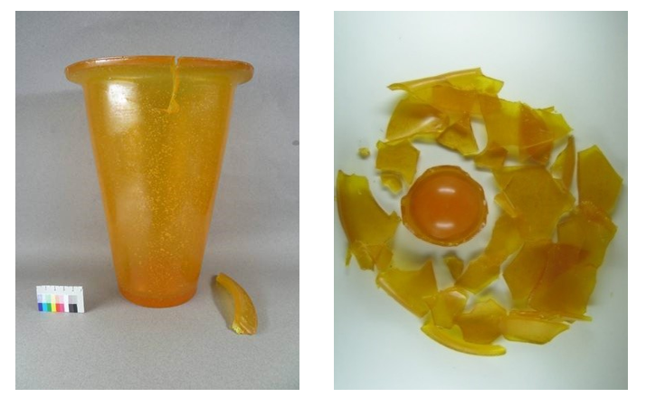 ‘Soft Vase’, polyurethane elastomer, Hella Jongerius, 1999, RCE Study Collection (left) 2011, showing a crack, no signs of degra