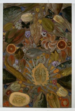 Oil painting of arranged, finely rendered fish, shells, fruit, flowers, leaves, and butterflies on a beige background.