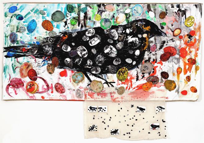 Henrietta Mantooth, "Bird’s Story of the World," 2007, Acrylic & Xerox on Canvas & Cloth, 80″ x 144″. Painting of a raven, with collaged eggs, heads, photos, and newsprint. A transparent panel with birds and eggs hangs beneath.
