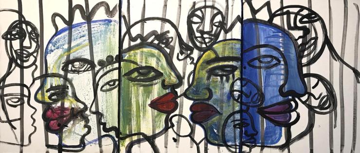 A painting triptych of abstract human heads.