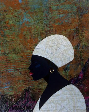 Collaged image of a Black woman, wearing a head wrap, in side profile, against a background of mountains and sky.