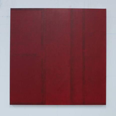 Non-figurative abstract painting in red tones.