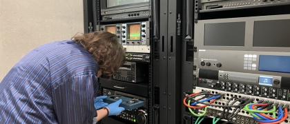 Image of Isobel Finlay Re-Digitising "David" (2004) by Sam Taylor-Johnson in UCL's Media Conservation Lab. Image by Brian Castriota.
