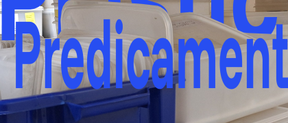 Shelf filled with plastic boxes and lids, the words 'Plastic Predicament Call for Papers'