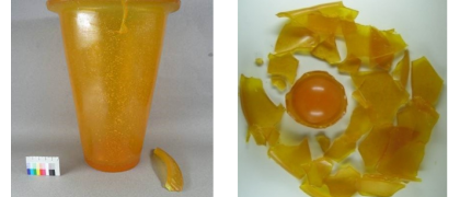 Example of degraded plastic vase. ‘Soft Vase’, polyurethane elastomer, Hella Jongerius, 1999, RCE Study Collection (left) 2011, showing a crack, no signs of degra