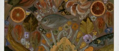 Oil painting of arranged, finely rendered fish, shells, fruit, flowers, leaves, and butterflies on a beige background.