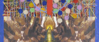 Juan Sánchez, "San Ernesto de la Higuera," 2001. Oil and mixed media collage on wood. Mixed media collage including photographs of a shirtless man and Virgin Mary icon and drawings of a cross and circles.